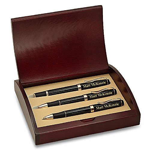 Executive Gift Shoppe Personalized Laser Engraved Three Piece Pen & Pencil Gift Set with Cherry Wood Box