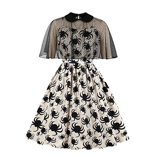 Victorian Dress, Ghost Busters Adult Halloween Costume Women Dress Hallowmas Spider Print Trim Swagger Skirt Round Collar Retro Dress Size Sleeves Midi Girl Cat Costume 7-8 (M, Beige)