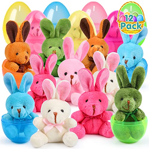 FLY2SKY 12 Packs Easter Egg Basket Stuffers Plush Bunny Plastic Easter Eggs Fillers Kids Party Favors Surprise Easter Eggs Hunt Games Supplies Birthday Gifts Toddler Girls Toys Goodies Bags
