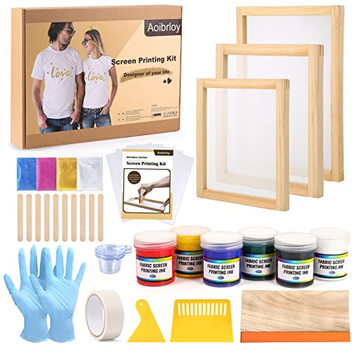 Aoibrloy 43 Pieces Screen Printing Kit with 6 Fabric Screen Printing Ink, Wood Screen Printing Frames, Screen Printing Squeegee, Inkjet Transparency Film