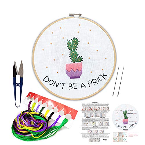 BERYA Embroidery Kit including Embroidery Hoop,Color Threads and Embroidery Scissors for Beginners-Handmade Needlepoint Kits for Adults Kids（Cactus）