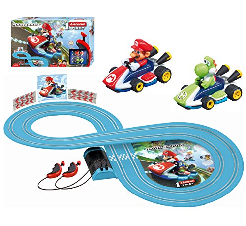 Carrera First Nintendo Mario Kart Slot Car Race Track - Includes 2 Cars: Mario and Yoshi and Two-Controllers - Battery-Powered Beginner Set for Kids Ages 3 Years and Up