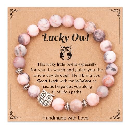 ASKRAIN Pink Owl Bracelet, Natural Stone, Lucky Owl, for Women, Birthday Gifts, Chrismas, Graduate Day, Farewell, Teens Girls Friends
