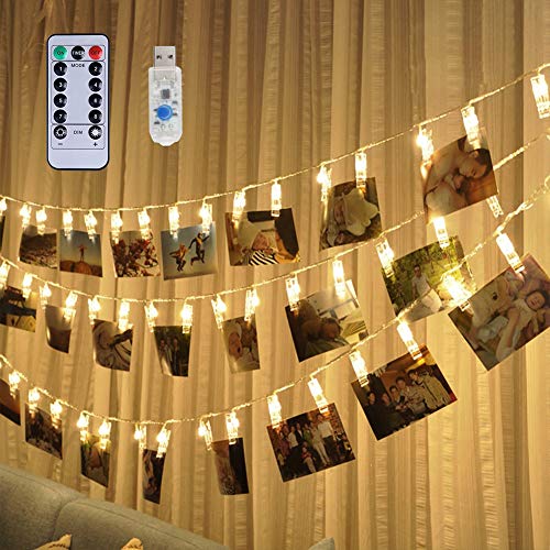 Weepong 40 LED Photo Clips Lights, 16.4 ft USB Operated Remote Timer Fairy String Lights Holder for Picture Hanging Artwork Teen Girls Gift Wedding Wall Party Dorm Bedroom Decor (8 Modes Warm White)