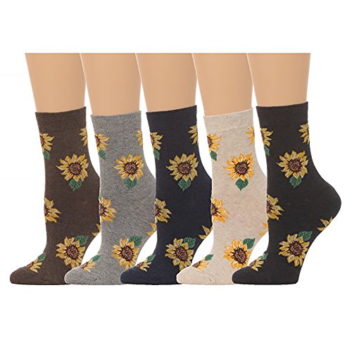 Women's Sunflower Print Crew Socks - (5 Pair Set) (One Size (5-8), Multi)