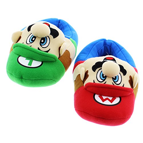 Super Mario Brothers Boys Plush Slippers (Small / 11-12, Mario Luigi Blue)