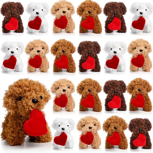Syhood 20 Pcs Mini Plush Dogs 4.72 Inches Stuffed Puppy Dog with Filled Heart and Keychain Cute Stuffed Animal Soft Toy Party Favor for Christmas Valentine Goodie Bag Birthday Party Gift, 4 Colors