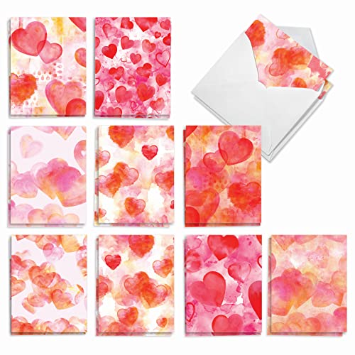 The Best Card Company 20 Assorted Valentine's Day Notecards Box Set 4 x 5.12 Inch with Envelopes (10 Designs, 2 Each) Watercolor Hearts AM10427VDG-B2x10