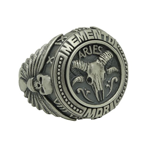 Aries Skull Zodiac Sign Sterling Silver 925 Biker MenS Ring Masonic