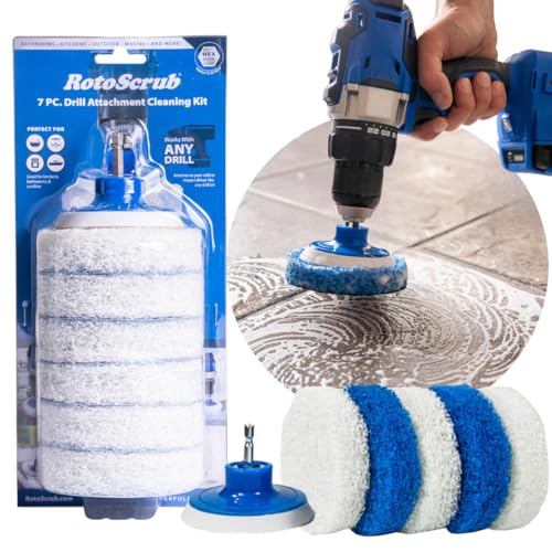 RotoScrub 7 Pack Multi-Purpose Drill Brush Kit for Cleaning Bathrooms, Showers, Tubs, Tile, Floors, Sinks, Toilets, Grout and Grime Removal, Reversible Blue and White Scrub Pads