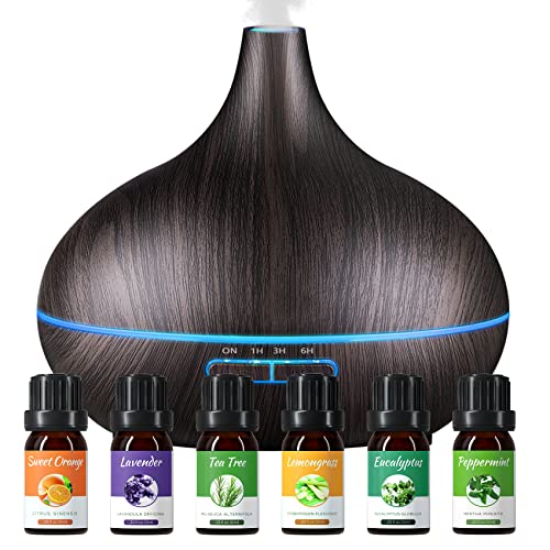 Fresnwel Essential Oil Diffuser Set, Ultrasonic Aromatherapy Oil Diffuser Cool Mist Humidifier, 500ml with 6 Essential Plant Oils, 4 Timer & 14 Colors Light, Dark Brown