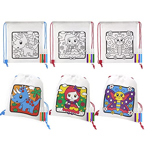 VKPI 6 Pieces Kids Coloring Drawstring Backpacks, Reusable Goodie Bags, Color Your Own Bags With 24 Fabric Markers for Painting Birthday Art Party Favors, Party Supplies Gift, Boys and Girls
