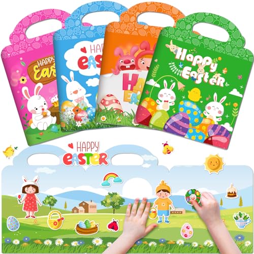 4 Sets Easter Reusable Sticker Books for Kids 2-4, Removable Jelly Stickers Activity Books for Toddler Girls Boys Birthday Gifts Spring Themed Educational Learning Toys Easter Basket Stuffers