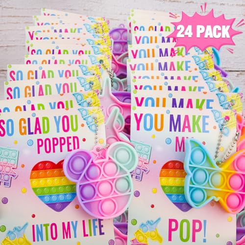 ORIENTAL CHERRY Valentines Day Gifts for Kids - 24 Valentines Cards with Pop Bubbles Bulk- Valentine Exchange for Girls Boys School Class Classroom Fidget Toys Party Favors