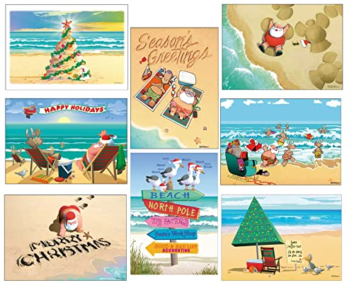 Stonehouse Collection Beach Christmas Card Variety Pack - 24 Beachy Cards & Envelopes - 8 Designs, 3 Cards Per Design - Assortment #1