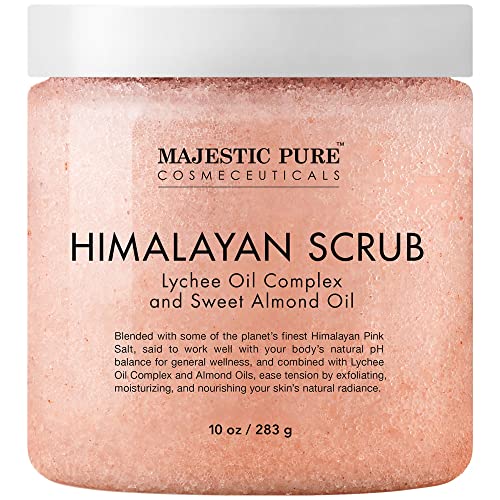 MAJESTIC PURE Himalayan Pink Salt Body Scrub with Lychee Oil and Sweet Almond Oil | Exfoliating Body Scrub for Skin Care, Stretch Marks, Acne, Cellulite | Body Scrub Exfoliator |10 oz