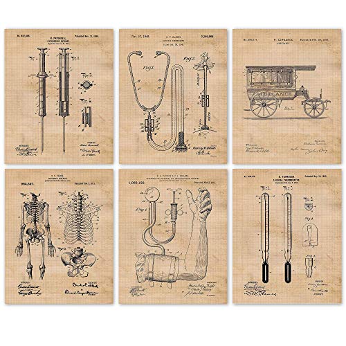 Vintage Medicine Patent Prints, 6 (8x10) Unframed Photos, Wall Art Decor Gift for Home Health Office Work Garage Man Cave College Student Teacher School Nurse Technician Doctor ER Pharmacist Caregiver