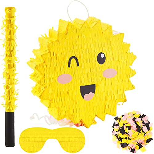 Sun Pinata with Pinata Stick and Blindfold Confetti Set Sunshine Birthday Decorations Smiling Sunshine Pinata Pull String Pinata for Kids Birthday Party Supplies and Decor, 13 x 3 Inch