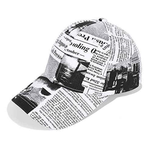 Alqpopg Newspaper Printed Baseball Cap Unisex Retro Trucker Hat Street Graffiti Caps Cotton Adjustable Hip Hop Hats (White)