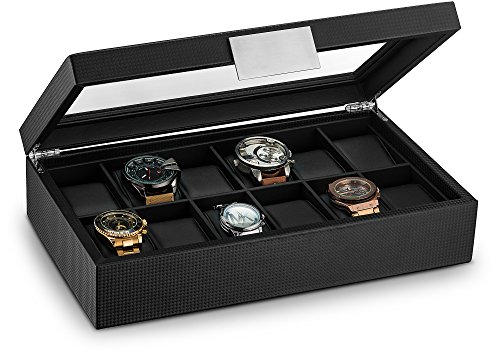 Glenor Co Watch Box Organizer for Men - 12 Slot Luxurious & Masculine Carbon Fiber Textured Case - Large Watch Holder - Glass Top Watch Display Case - Metal Accents - Watch Cases for Men – Black