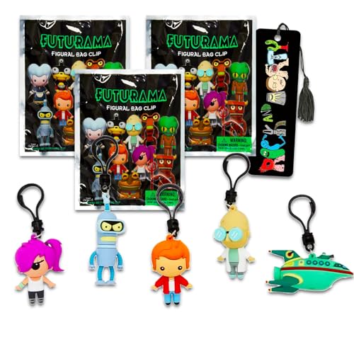 Screen Legends Futurama Blind Bag Party Favor 3 Pack - Bundle with 3 Futurama Keychain Mystery Figures Plus Bookmark | Futurama Bag Clips for Kids