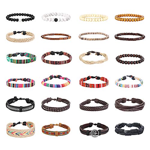 FINREZIO 24 Pcs Braided Leather Bracelet Set For Women Men Wristbands Boho Ethnic Tribal Linen Hemp Cords Beads Wrap Bracelets String Handmade Jewelry