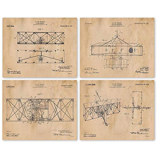 Vintage Airplane Flying Machine Patent Prints, 4 (8x10) Unframed Photos, Wall Art Decor Gifts for Home Wright Brothers Office Man Cave Work Gears Garage School Student Teacher Coach USA Invention Fans