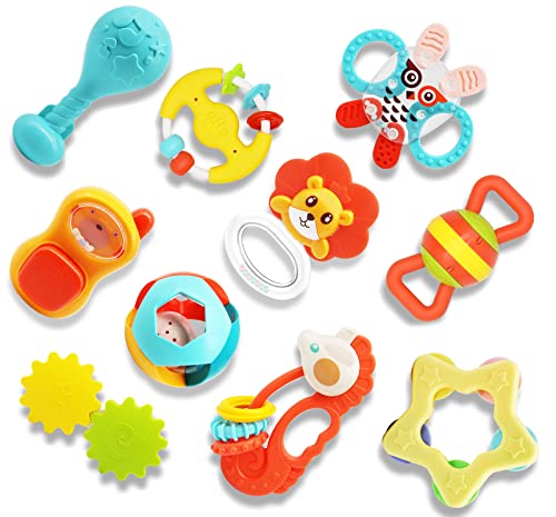INTEGEAR 10pcs Baby Toys Rattles, Infant Grab Early Educational Learning Toy Set, Sensory Teether Shaker with Storage Case for 0 1 2 3 4 5 6 7 8 9 10 12 Month Newborn Infants, Boys, Girls, Gift Set