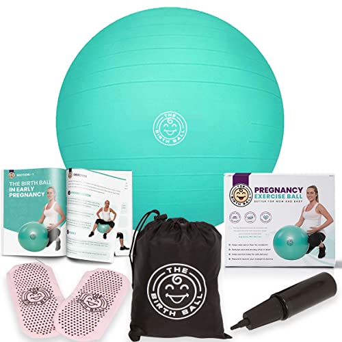 The Birth Ball - Birthing Ball for Pregnancy & Labor - 18 Page Pregnancy Ball Exercises Guide by Trimester - Non Slip Socks - How to Dilate, Induce, & Reposition Baby for Mom 75 cm