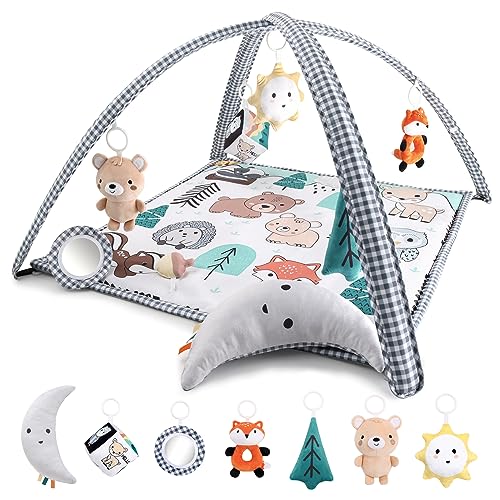 The Peanutshell Unisex Baby Play Gym & 7-in-1 Play Mat - Playmat Baby Toys 0-6, 6-12 Months Tummy Time Mat with Hanging Toys, Soft Padded Mat for Newborns, Infants - Woodland