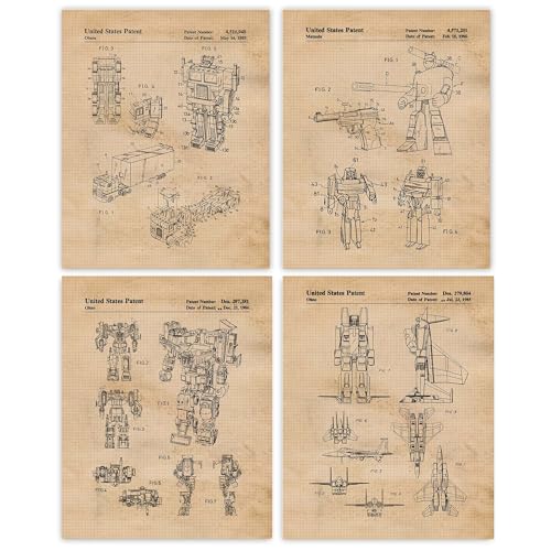 Vintage Transformers Patent Prints, 4 (8x10) Unframed Photos, Wall Art Decor Gift for Home Office Man Cave Tech Work Garage Shop Robotics School College Student Teacher ComicCon Mechanical Toys