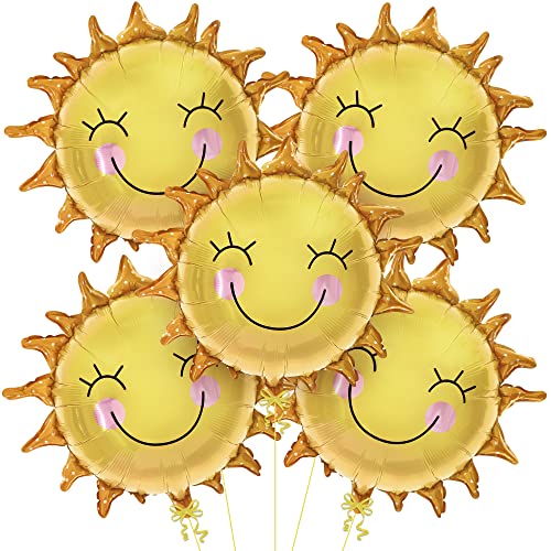 KatchOn, Smile Face Sun Balloons for Party - 26 Inch, Pack of 5 | Mylar Sunshine Balloons, Summer Balloons for Sunshine First Birthday Decorations | First Trip Around The Sun Birthday Decorations