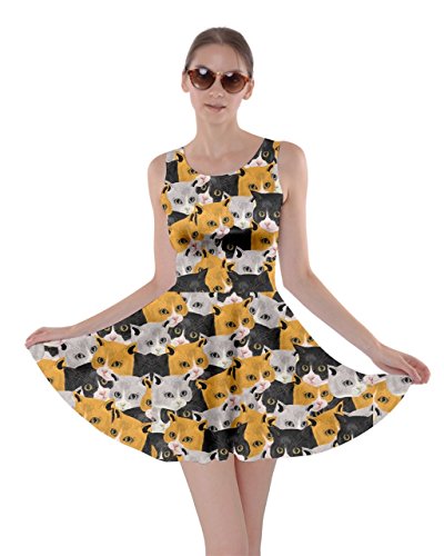 CowCow Womens Black White Orange Colorful Space with Cats Saturn and Stars Skater Dress, Black - L