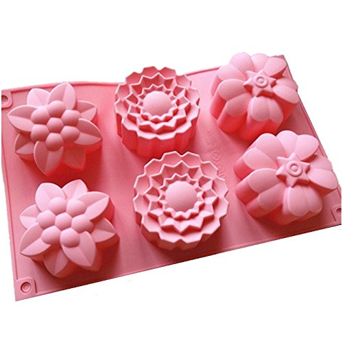 Allforhome 6 Flowers Silicone Bakeware Cup Cake Molds Handmade Muffin Cups Soap Molds Cake Baking Pans Polymer Resin Clay Jelly Handmade Soap Molds Soap DIY Making Moulds Moon Cake Molds