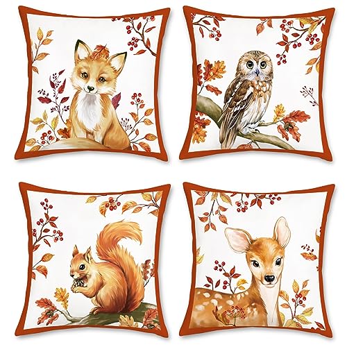 Bonhause Animals Throw Pillow Covers 18 x 18 Inch Fox Deer Squirrel Owl Leaves Decorative Pillows Soft Velvet Cushion Cases for Couch Sofa Home Decor Set of 4