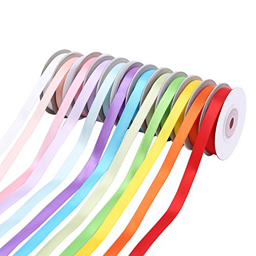 Maddott Satin Ribbon Assorted Solid Bright Colors,12 Rainbow Assortment Rolls Variety Pack X 10 Yard Craft Fabric Wedding Decorations