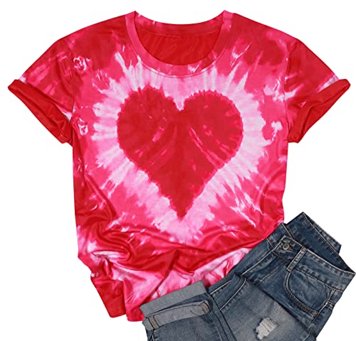 Women Tie Dye Heart Graphic T Shirt Valentines Day Tee Shirt Casual Lover Gift Short Sleeve Tops Pink
