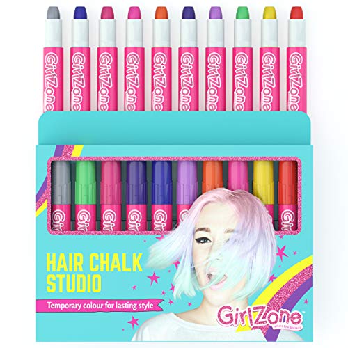 GirlZone Hair Chalks Set, 10-Piece, Easy to Apply and Remove, Temporary Multicolor Hair Color for Kids Dress Up Parties, Role Play, Gift-Ready Vibrant