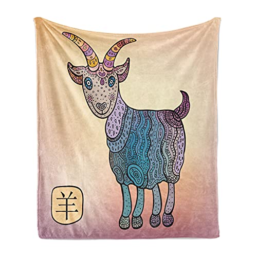 Ambesonne Goat Throw Blanket, Astrological Animal of Ornamental Goat for Chinese New Year Celebration, Flannel Fleece Accent Piece Soft Couch Cover for Adults, 60' x 80', Multicolor