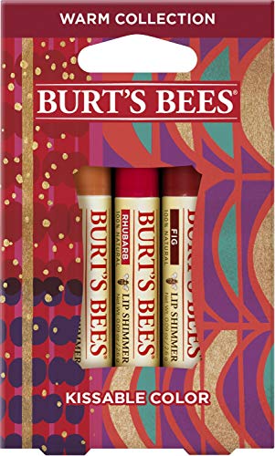 Burt's Bees Kissable Color Holiday Gift Set, 3 Lip Shimmers in Gift Box, Warm Collection in Peony, Fig & Rhubarb