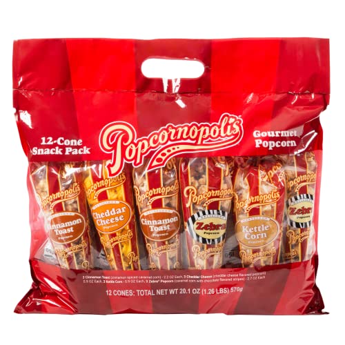 Popcornopolis Gourmet Popcorn Snacks, 12 Cone Variety Snack Packs (Gift Cone)–Perfect Party Favors Including Zebra Popcorn, Cheddar Cheese Popcorn, Cinnamon Toast Popcorn, and Kettle Corn Popcorn