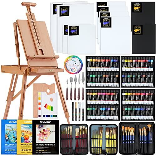 MMARTE All-in-One Artist Painting Set with French Easel, Quality Acrylic Paint, Oil Paints, Watercolor Paints,Acrylic Markers,Painting Pads, Art Supplies Kits for Beginner & Adults