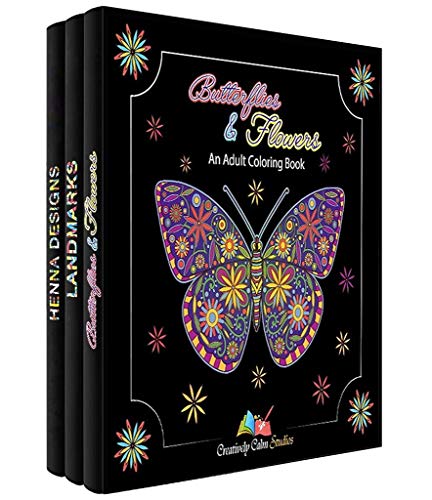 Adult Coloring Books Set 3 Pack – Landmarks, Henna, Butterflies and Flowers
