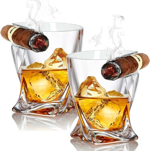 Bezrat Whiskey Cigar Glasses - 2 Pk -Double Old Fashioned Tumbler With Side Mounted Cigar Holder Rest - Whiskey Glasses Christmas Gift - Fathers day - Dad, Husband, Brother, Son Gifts (2pk Twist)