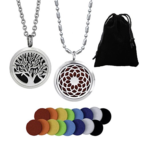 2PCS Essential Oil Aromatherapy Diffuser Necklace Pendant Set – 2 Pattern Scent Lockets, 22” & 28” Adjustable Chains, 16 Refill Replacement Pads, Gift Bag | Hypoallergenic 316L Stainless Steel Jewelry