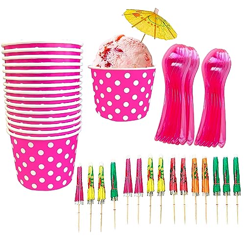 Outside the Box Papers Pink Ice Cream Sundae Kit - Valentine - 8 Ounce Pink and White Polka Dot Paper Treat Cups - Heavyweight Plastic Spoons - Paper Umbrellas - 16 Each