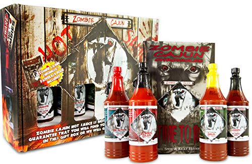Zombie Cajun Hot Sauce Gift Sets - 4 Full Size (6oz) Bottles of Traditional Creole Slow Cooked Louisiana Hot Sauces. It's Not About the Hot It's About the Flavors, Plus a Zombie Book w/Recipes