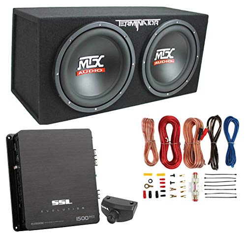 MTX TNE212D 12' 1200 Watt 4 Ohm Dual Loaded Car Audio Subwoofer Package with Sub Enclosure, Sound Storm EV 1500W Monoblock A/B Amplifier & Wiring Kit