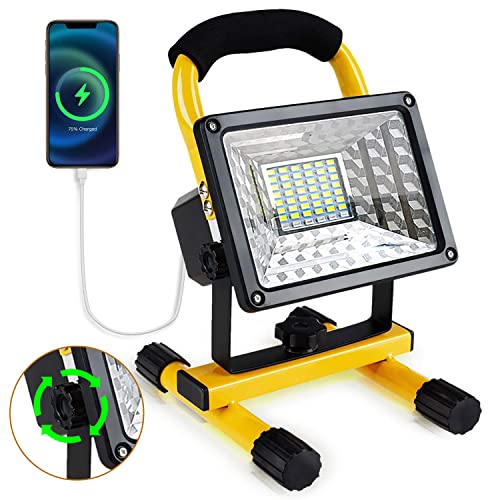 LANFU 30W 36LED Work Light with Stand,IP65 Waterproof Flood Light, Brightness Adjustable,Super Bright Portable Cordless Job Site Worklight for Garage Workshop Car Construction Outdoor Lighting Yellow