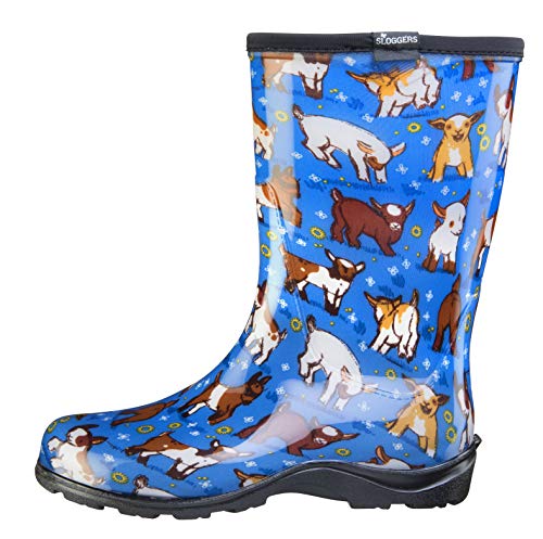 Sloggers Waterproof Garden Rain Boots for Women - Cute Mid-Calf Mud & Muck Boots with Premium Comfort Support Insole, (Goats Sky Blue), (Size 8)